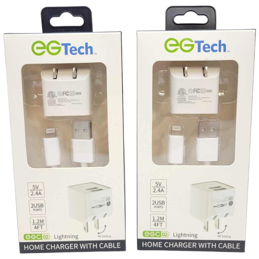 2pk EGTech Dual USB Fast Charger Adapter & 4ft Lightning to USB Cable, 2.4A 5V